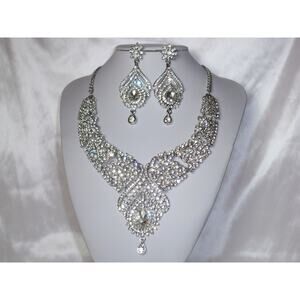 Silver rhinestone necklace set, statement prom party bridal wedding necklace